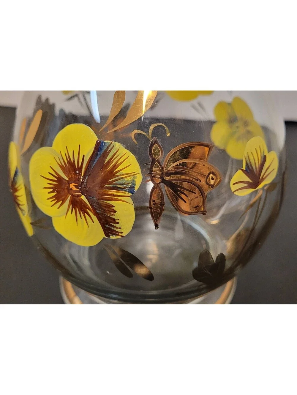 Vintage Romanian Hand Painted Crystal Golden Butterfly Decanter & 2 Stem Glasses
